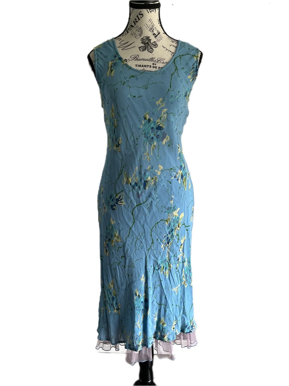 Vintage 90s April Cornell Light Blue Floral Slip Dress Rayon Mesh Trim Pastel